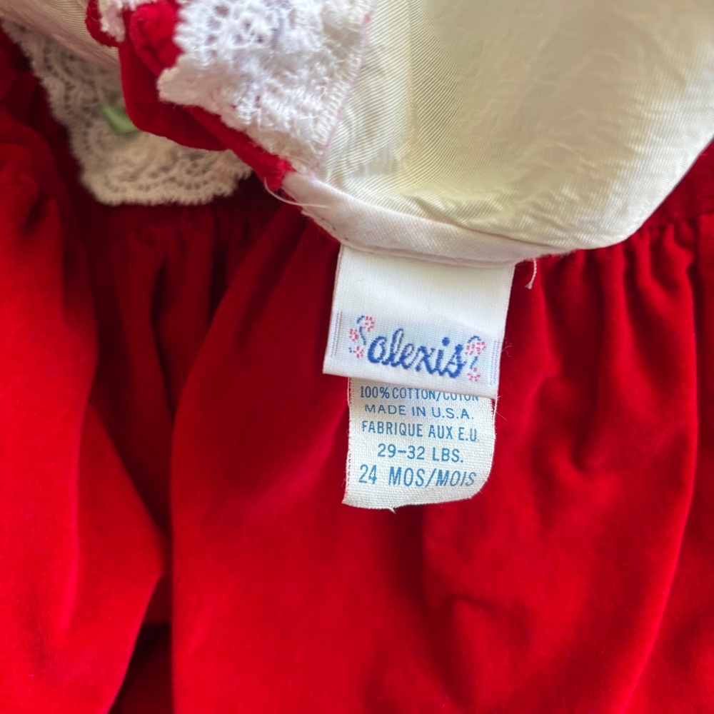 Alexis Vintage 80s Red Velvet Christmas Dress Lace Trim | Size 24 Months - Picture 6 of 6